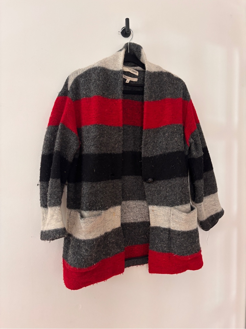 Wilfred Striped Open-Front Wool Jacket in Red, Black & Gray